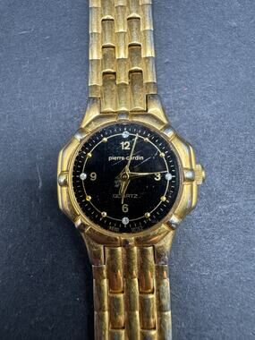 Vintage Pierre Cardin Gold Tone Black Dial Diamond Accent Watch LPC385L 051 22MM
